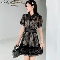 new arrival runway desigher lace womens black transparent sexy hollow out summer mini short sleeve party mesh dress vestido