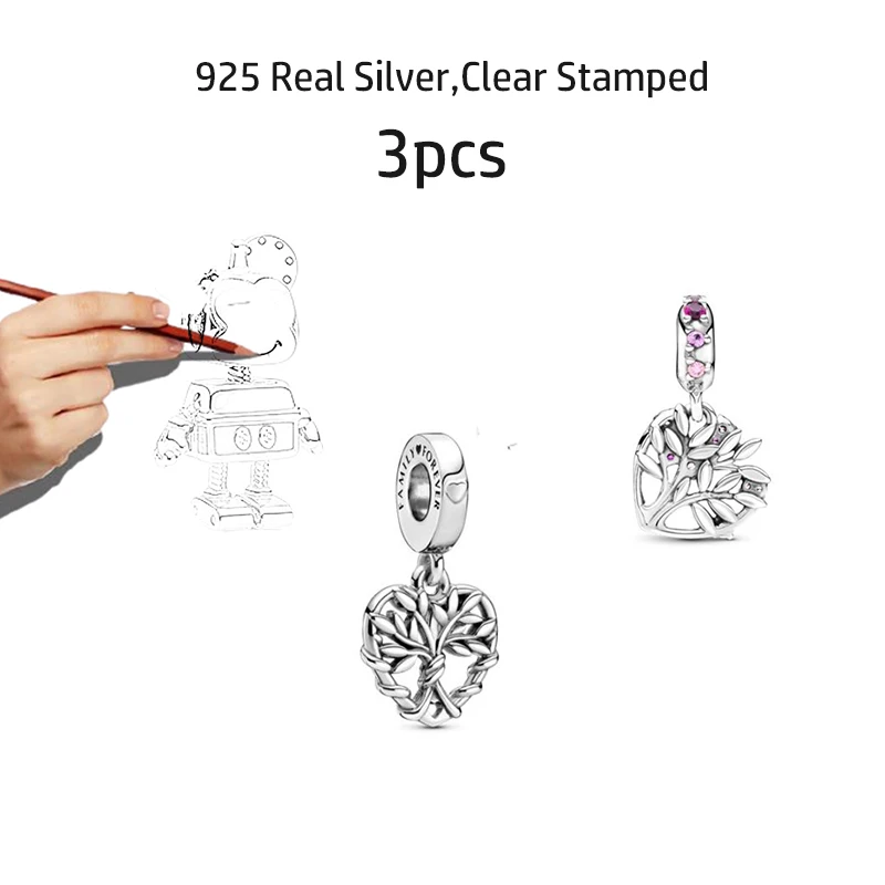 

3PCS Beads Authentic 925 Silver Charms Heart Family Tree Dangles Fits Original Bracelets Bangles Necklaces Women Jewelry Gifts