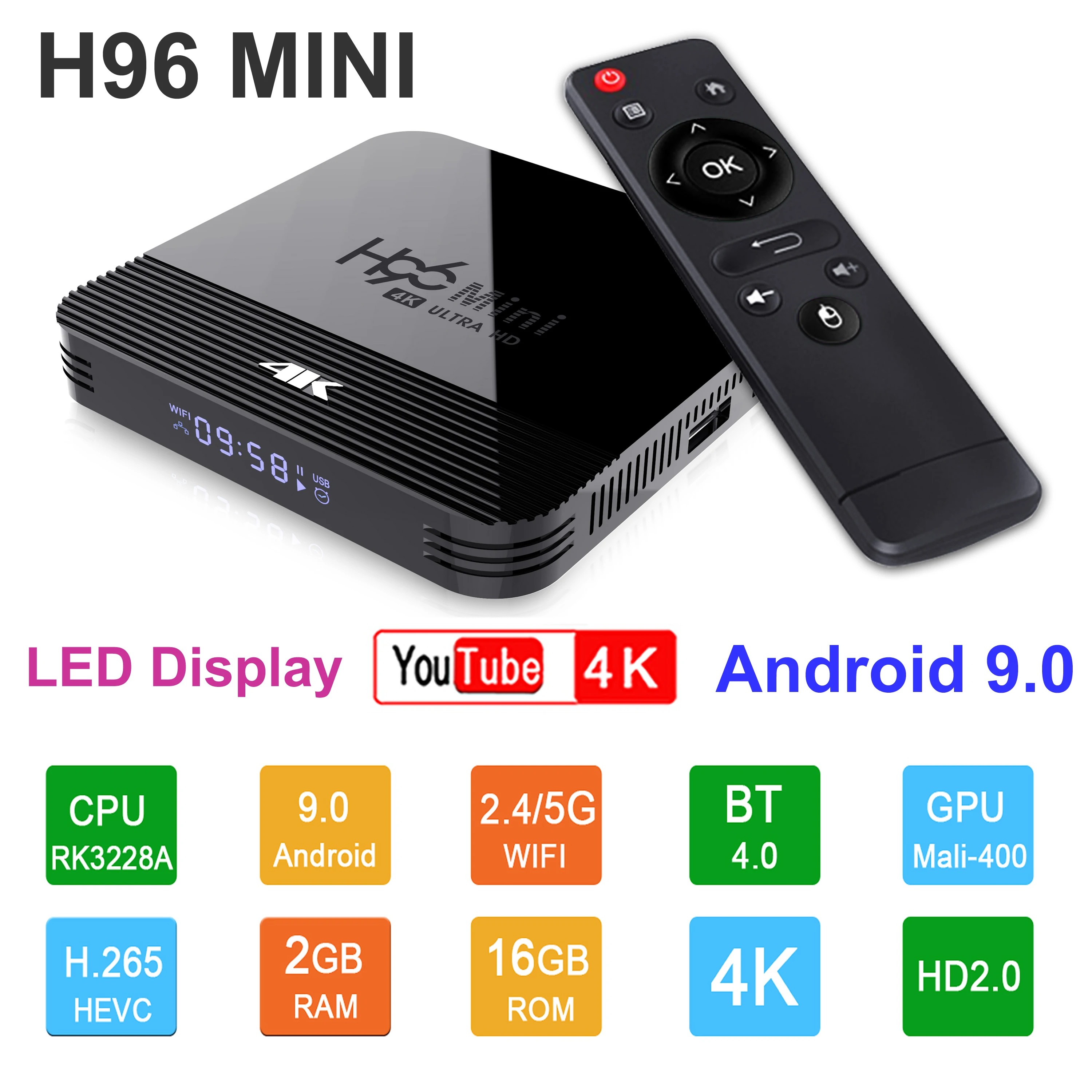 

H96 MINI H8 Android 9.0 Smart TV Box Rockchip RK3229A 2GB RAM 16GB ROM BT4.0 2.4G/5G Dual WIFI HDR H.265 4K TV Set Top Box