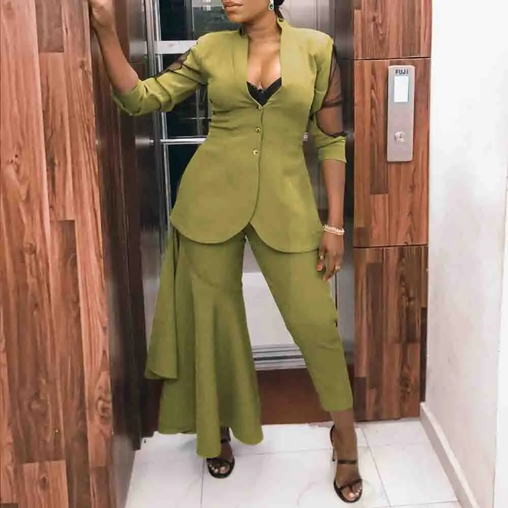 Элегантный офисный Женский комплект со штанами 2 блейзера с длинным рукавом