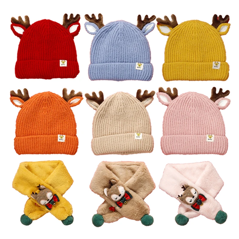 

New Baby Christmas Hat Scarf Gloves for Girls Boys Cute Cartoon Antlers Knitted Hats Autumn Winter Warm Babies Accessories 1-2Y