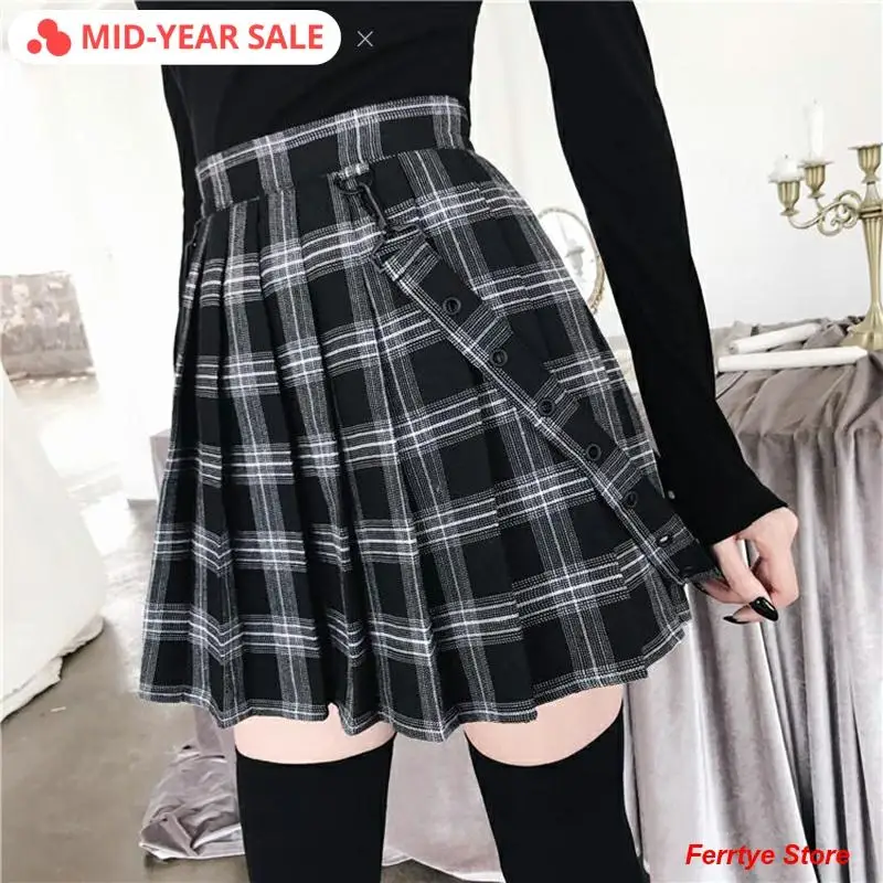 Imily Bela Gothic Vintage Plaid Mini Skirt Women Suspender Strap Pleated A-line Skirts High Waist Casual Plus Size Faldas