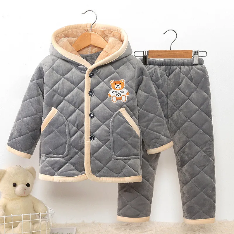 

classic kids pajamas sets thick fur inside hooded tops pants set for 1-12years child boy girls Winter sleepwear set home clothes