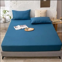 solid color bed mattress covers 100 cotton simple modern skin friendly elastic blue fitted sheet pillowcase king size bed linen
