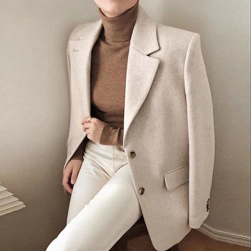 

Wool Blend Suit Coat Women Solid Color Simple Single Breasted New Blazer