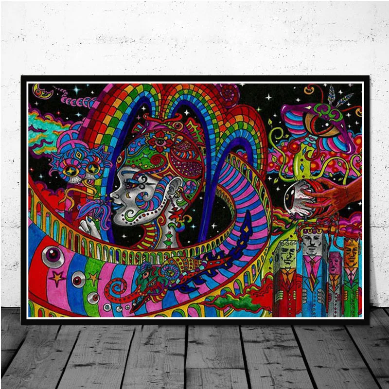 Абстрактная кислота Lsd акриловая живопись Psychedelic Blacklight плакат с грибами печатает картинка на холсте на стену Картина гостиная домашний декор - Цвет: Черный