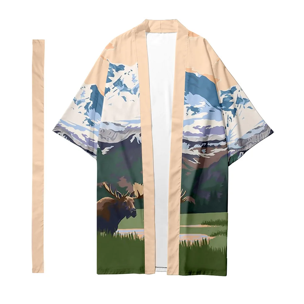 Мужское японское длинное кимоно кардиган женское натуральное и рисунок гор