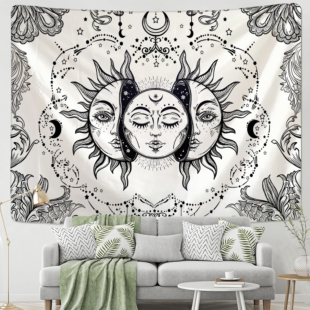 Белый черный солнце луна мандала гобелен настенный небесная стена хиппи стены