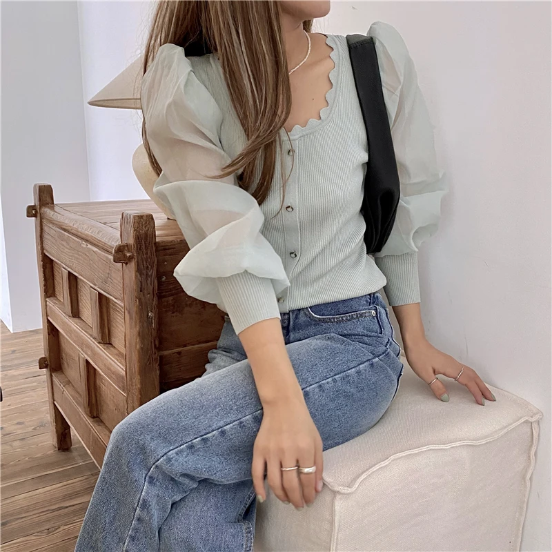 

HziriP French Hot Sweet Chiffon All-Match Fashion Ladies Shirt Summer 2021 New Gentle Long-Sleeved Design Solid Color Blouse