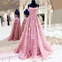 pink prom dresses 2021 a line long tulle gown flowers evening dress floral girl formal gown pleat spaghetti straps gown beaded