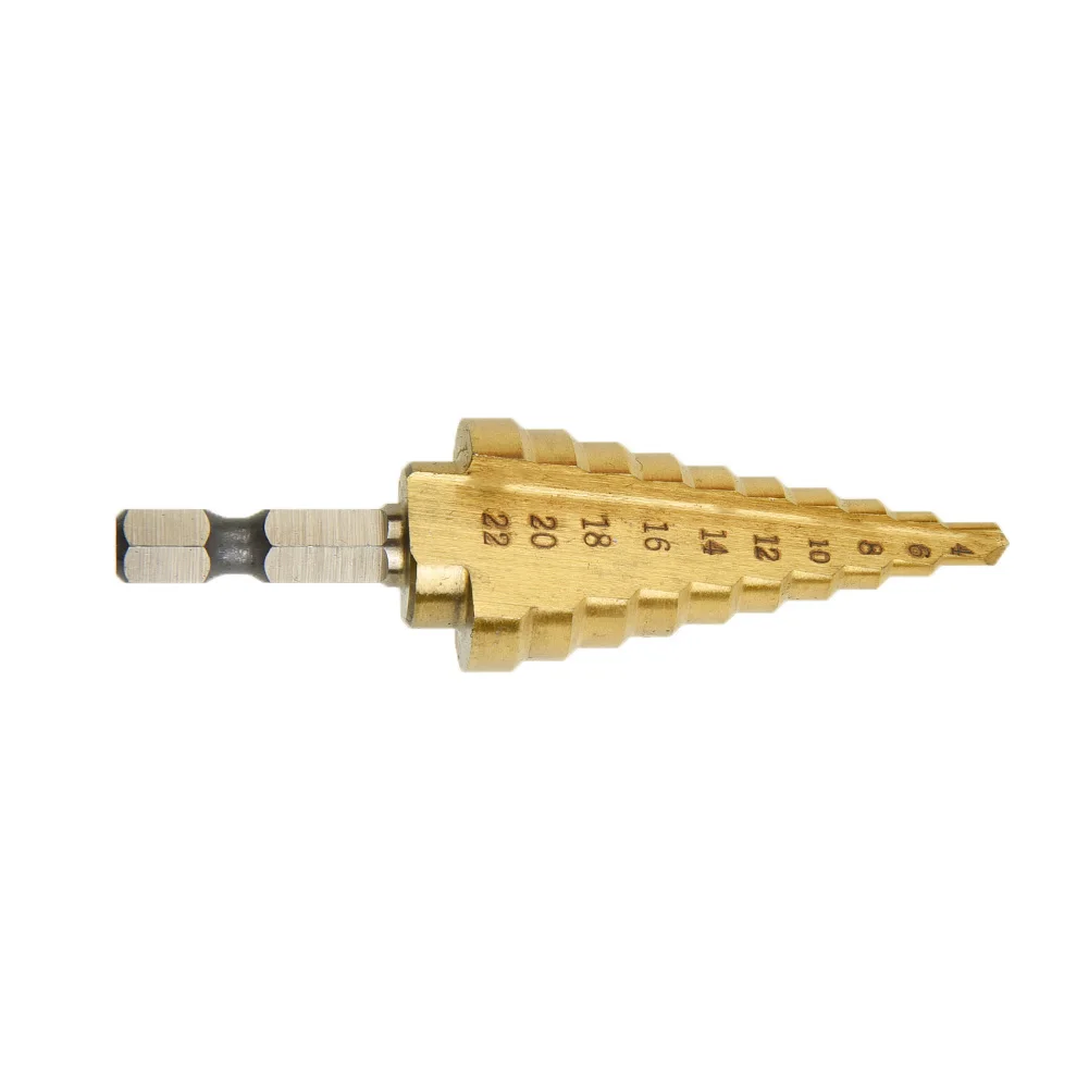 

4-22mm Hex Cone Step Drill Bit Hole Cutter For Sheet Metal Gold Colored Tool