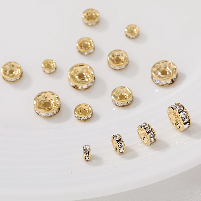 

30Pcs/Lot Copper 18K Gold Plated 4 6 8mm Rhinestone Rondelles Crystal Bead Loose Spacer Beads For DIY Jewelry Making Accessories
