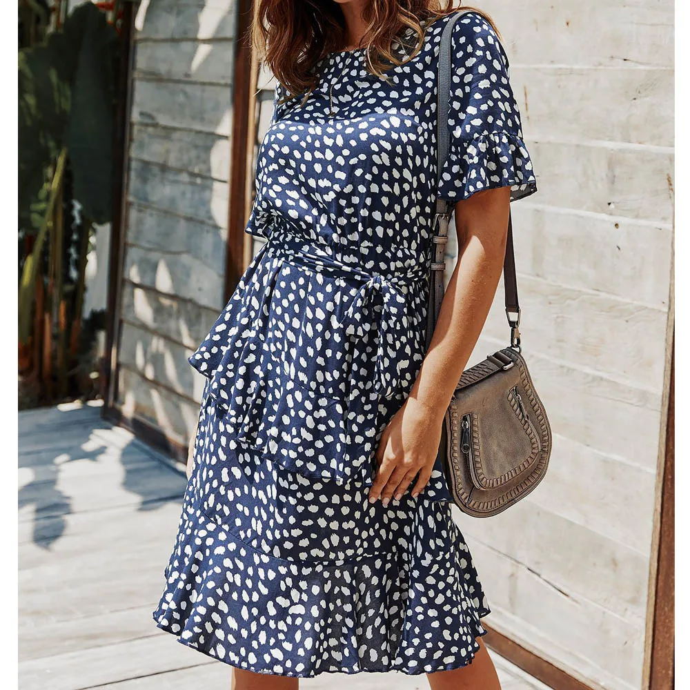 Платье женское шифоновое в горошек с круглым вырезом и оборками | Женская одежда