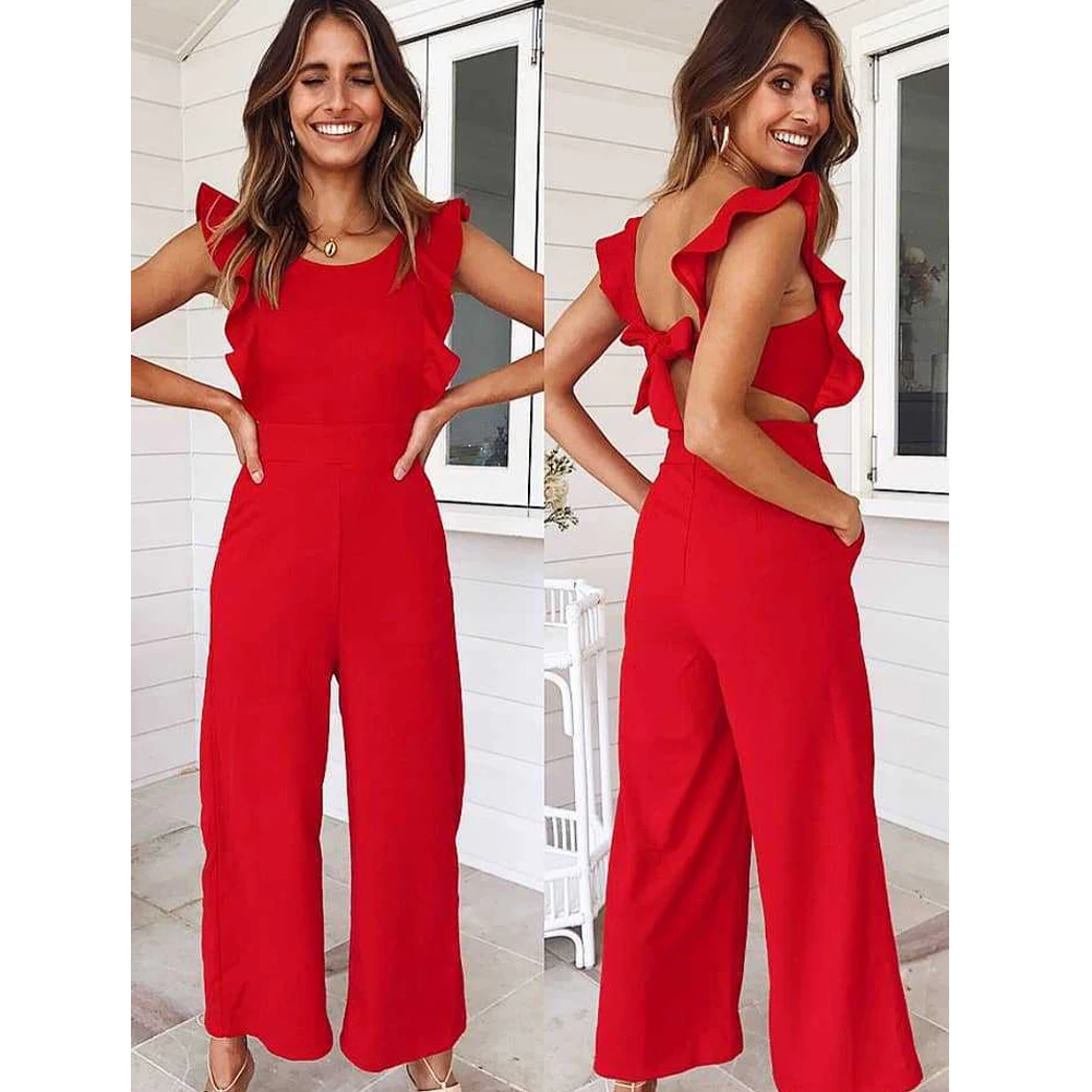 Стильные красные комбинезоны без рукавов с открытой спиной и галстуком-ап