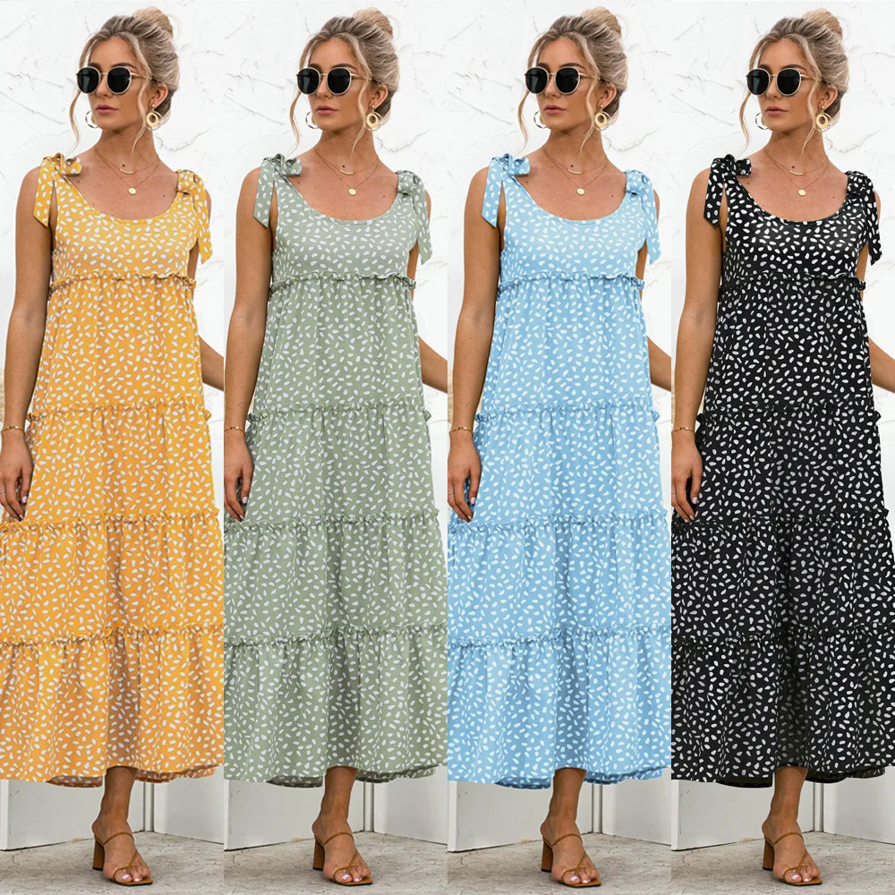

Dress Spotted Print Lace Tank Collar Sundress Robe Longue Femme Maxi Dress Casual Vestidos