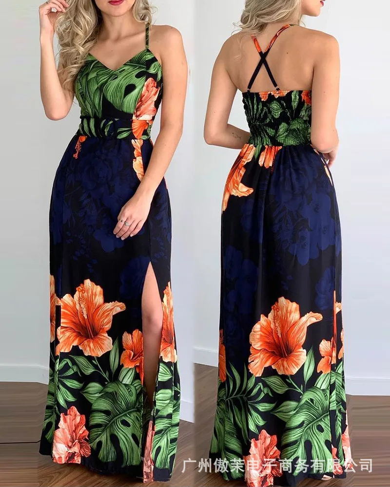 

2021 new women's casual fashion tropical flower sexy split Sling Dress