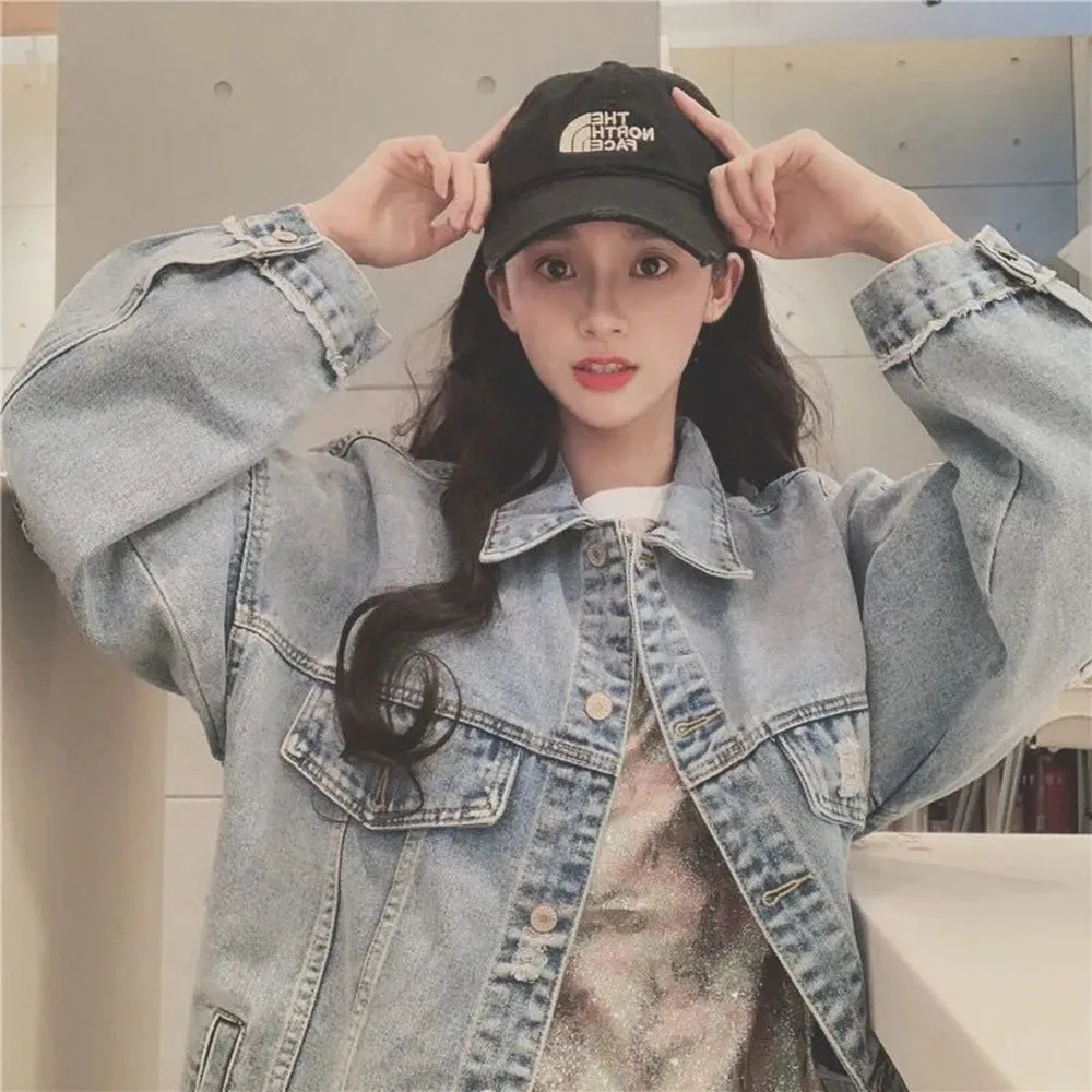 

Korean Fashion Casual Daily Students All-match New Women Basic Jackets Denim Coat Solid Simple Hole Frayed Loose Slim Outerwear