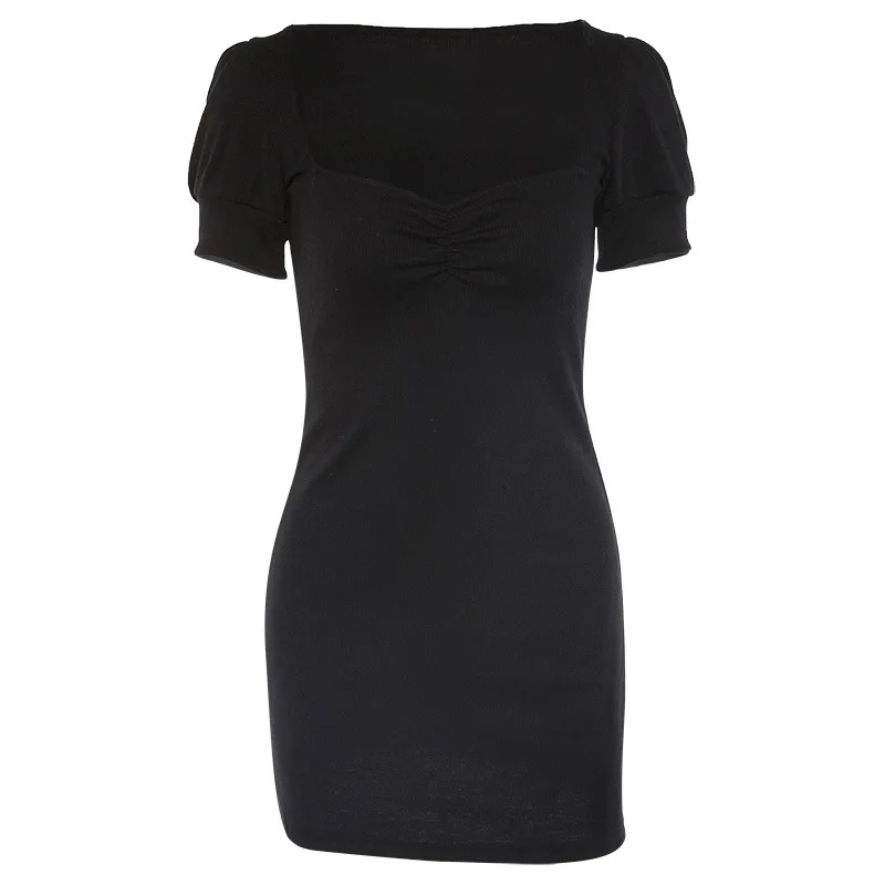 

Red Mini Dress Women Sexy Bodycon Party Dress Pleated Stretch Puff Sleeve Short Club Dres Buttock Wrapping Little Black Dress