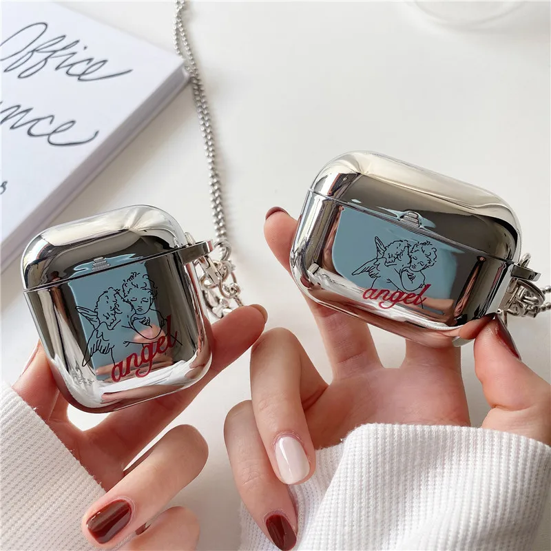 

Cute Angel Baby Pendant Earphone Case For Apple AirPods 1 2 3 Pro Luxury Plating Mirror Headphones Cover Portable Headset Fundas