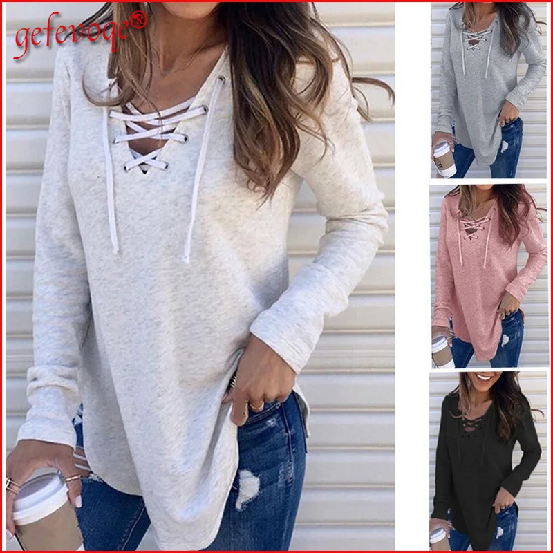

Autumn Women's Casual Sexy Hollow Out Bandage V Neck Long Sleeve T-shirt Solid Tee Shirt Pulovers Tunic Top Female Clothing 2021