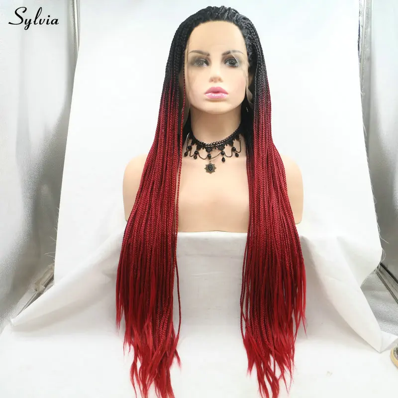 Красный Sylvia синтетические кружева спереди коробка косы парик зеленый/красный Омбре черные корни Высокое качество плетеные парики для женщин Косплей Макияж Вечерние - Цвет: Красный