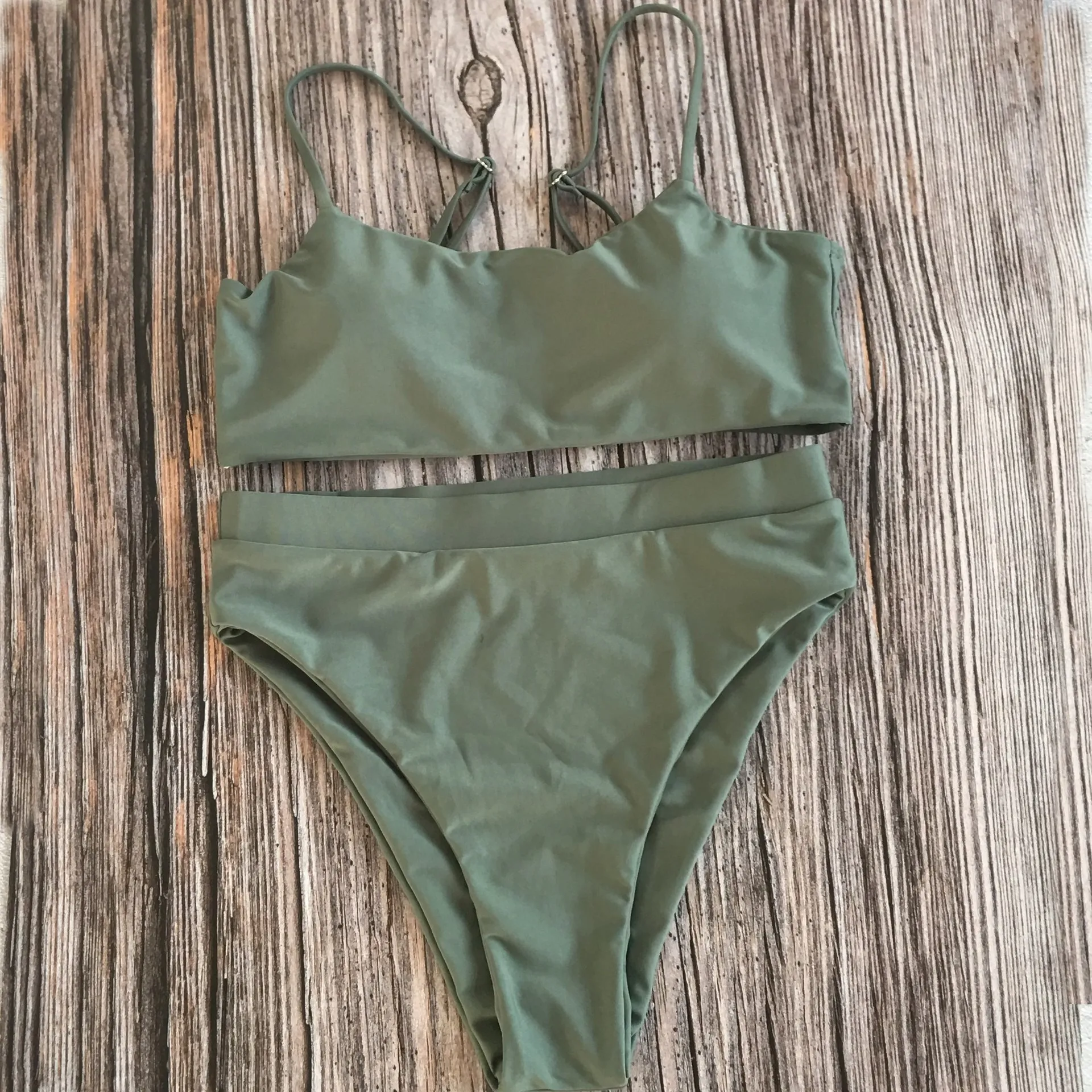 Army Green Сексуальный комплект бикини с высокой талией, популярный купальник, бикини из двух частей, Одноцветный высококачественный купальник для женщин, модная пляжная одежда - Цвет: Army Green