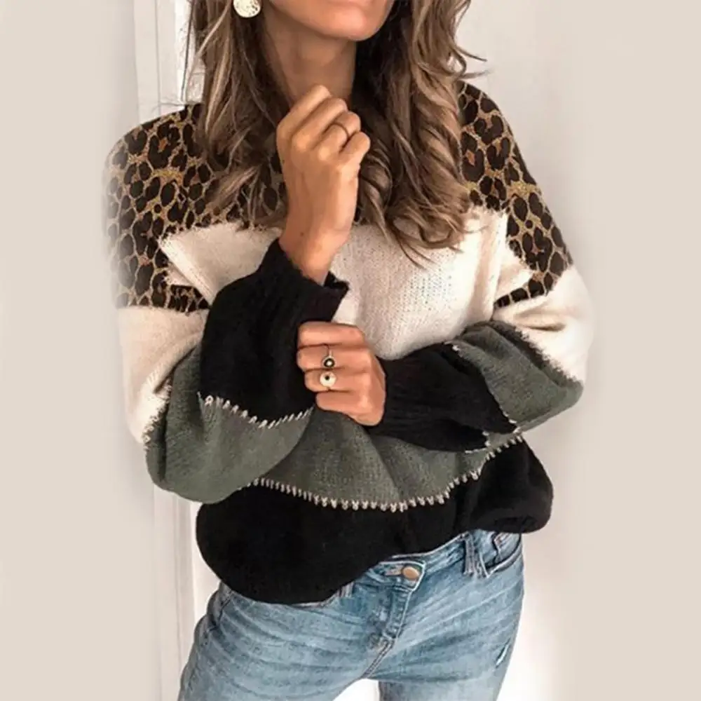 

Ele-Choices Women Autumn Winter Long Sleeve Leopard Patchwork Knitted Sweater Warm Jumper