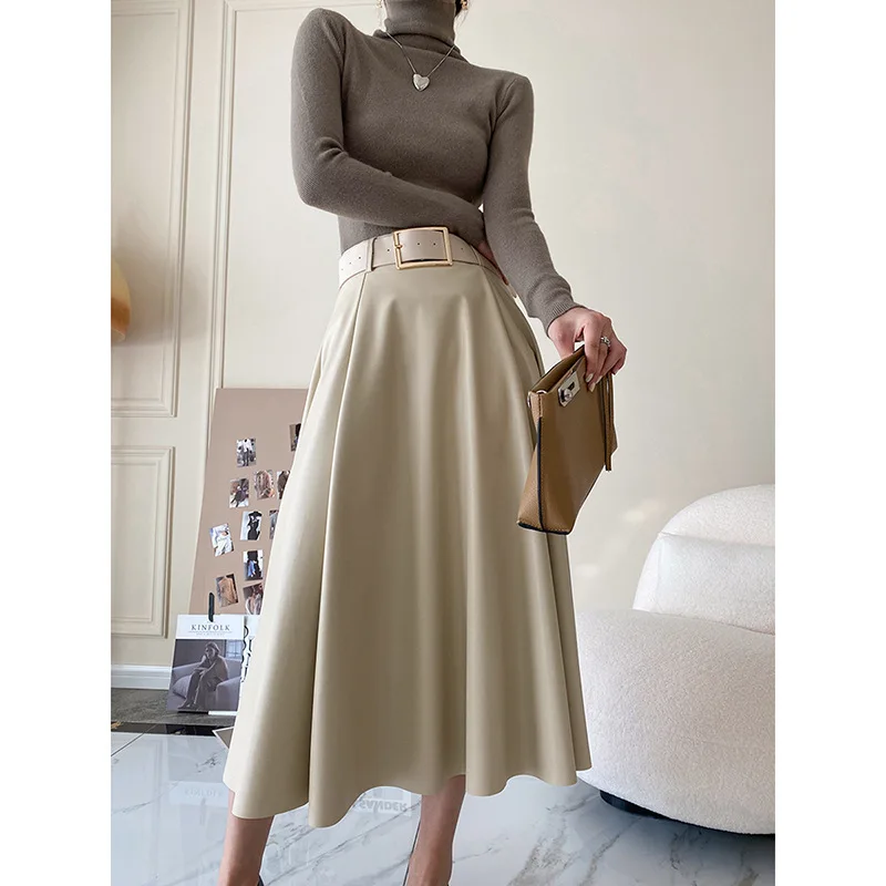 

2021 New Autumn Winter PU Leather mi-long Women's Skirts with Belted High Waist A-line Skirt Mid-calf Umbrella Skirts