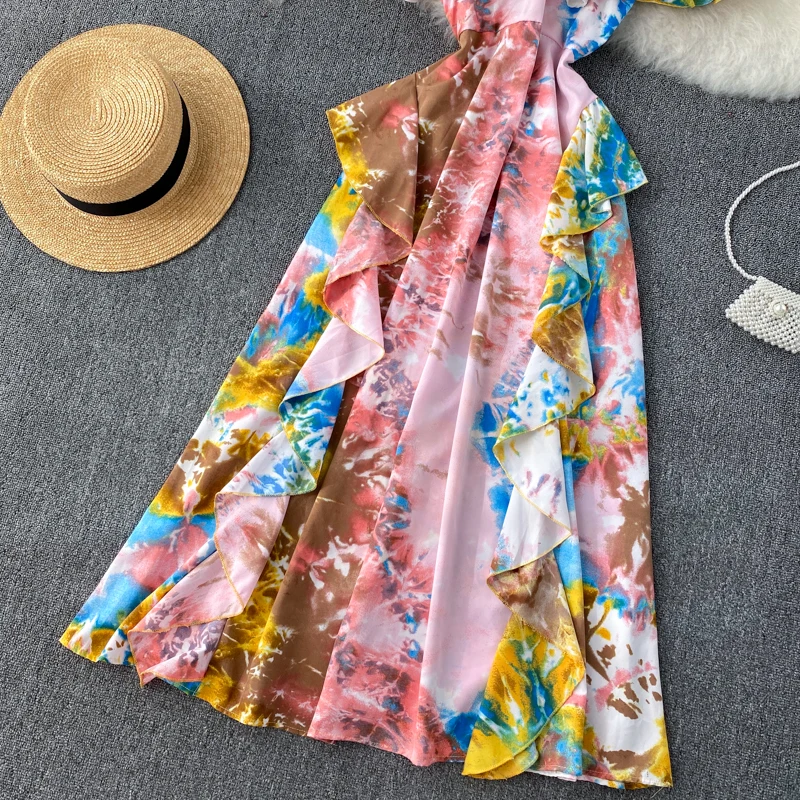 

Sexy Slash Neck Short Sleeve Tie Dye Dress Women Vacation Beach Vestidos Female Ruffles Short Sleeve Printed Robe New Fashion
