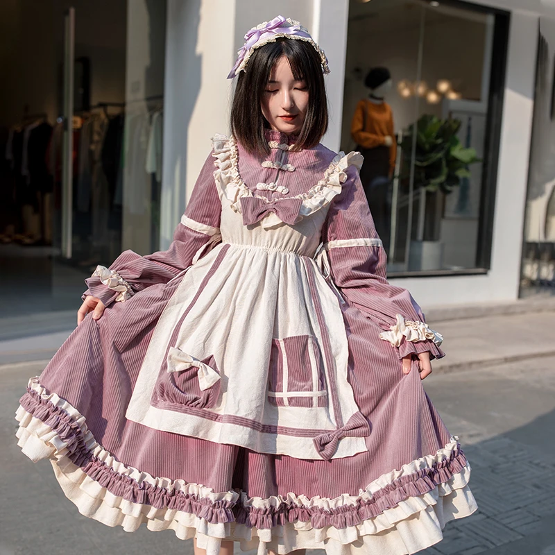 Японский стиль Осень Зима с длинным рукавом фиолетовый толстый вельветовый