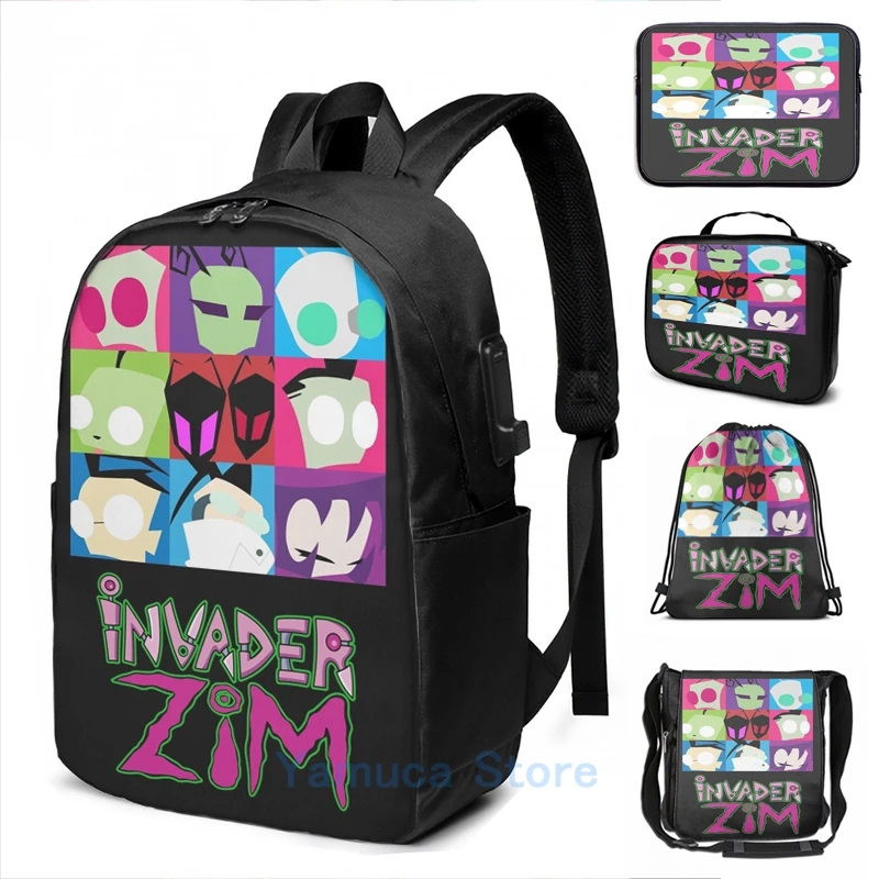 Забавная коллекция Invader Zim с графическим принтом рюкзак USB-зарядкой для мужчин и