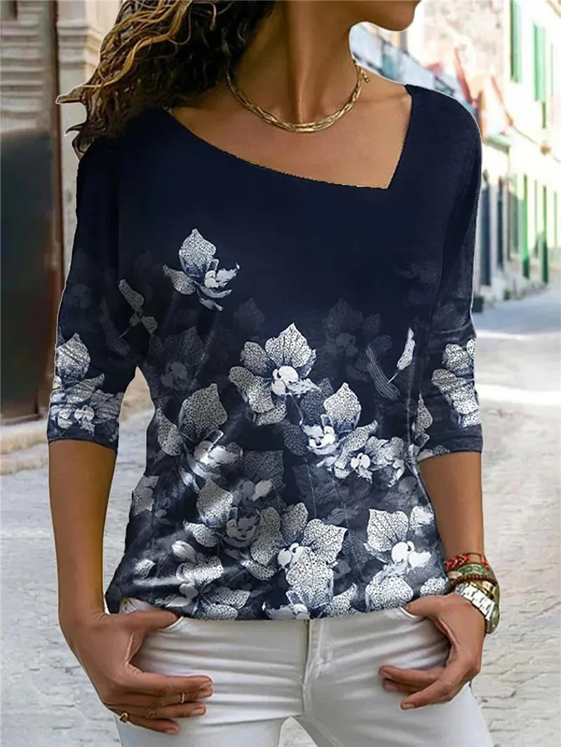 Купи 2021 Women's V-Neck Flowers Print Long Sleeve T-shirt Casual Loose Female Spring Autumn Tops Vintage Women Tee Shirts за 524 рублей в магазине AliExpress