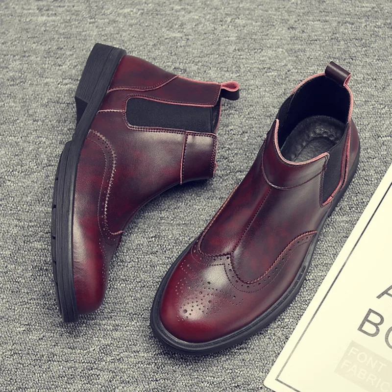 Winter PU Chelsea Boots Men Elastic Band Pointed Toe Ankle Boots Solid Casual Motorcycle Shoes Plus Size Black Brown