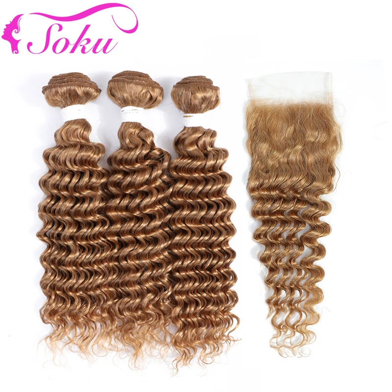 

SOKU Deep Wave Bundles With Closure 4x4 Brazilian Honey Blonde 3 Bundles Human Hair With Closure Non-Remy Hair Extension