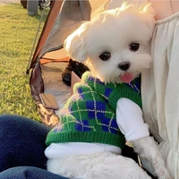pet knitted sweater green plaid teddy autumn and winter clothes soft dog clothes puppy fashion pullover pet products xs xl