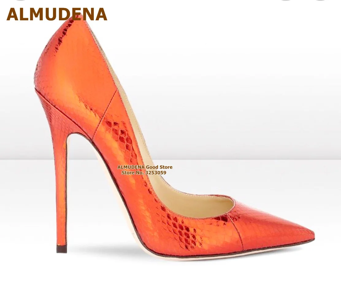 

ALMUDENA Orange Turquoise Snakeskin Pointed Toe Shoes 12cm 10cm 8cm Stiletto Heels Python Shallow Slip-on Pumps Bride Heels US13