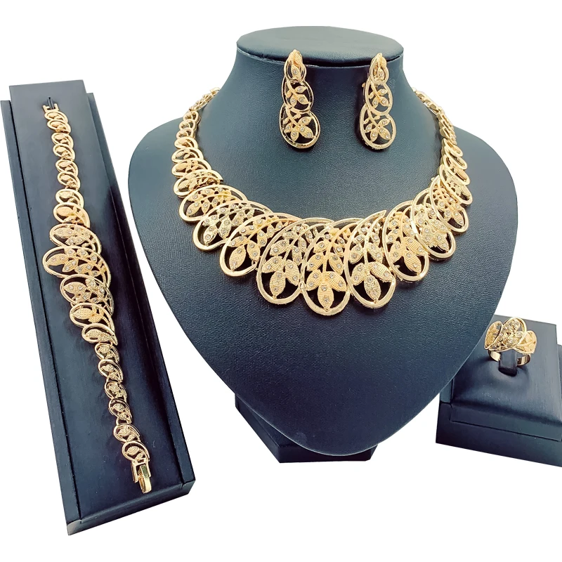 jewelry set 4 Luxury Dubai Jewelry Sets Bridal Jewelry Crystal Necklace Gold Ring Earrings Bracelet for Women Wedding Accessories Gifts - Окраска металла: jewelry set 4