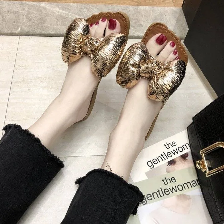 

Oraqwlj Women Summer Slippers 2021 Fashion Outdoor Shiny butterfly-knot Slipper Sweet Women Slides Leisure Flat Beach Flip Flops