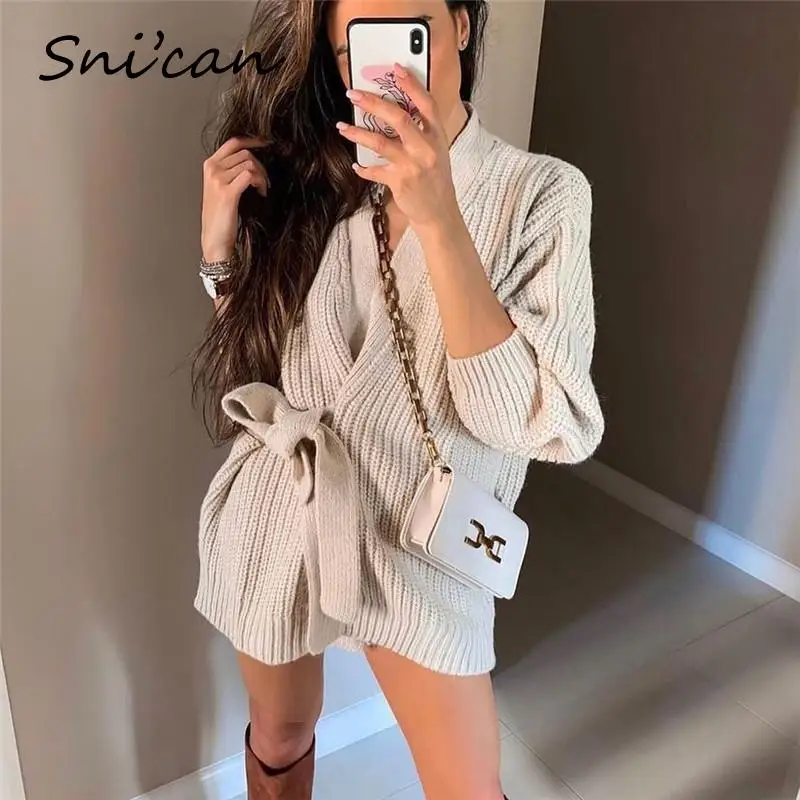 

Solid Beige Belt Sweater Women Autumn Fashion Open Stitch Knitted Cardigan Robe Pull Femme Gilet Femme Manche Longue Za 2021 New