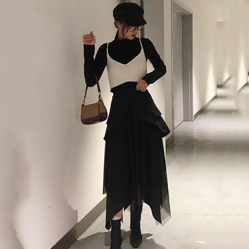 

[DEAT] Dress Two Pieces Suit New Lapel Long Sleeve Loose Women Black Asymmetrical Gauze Fashion Tide Spring Autumn 2021 7D0041
