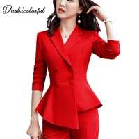 women red blazer slim spring autumn new elegant office lady jacket work suit ruffled double breasted blazer solid dushicolorful