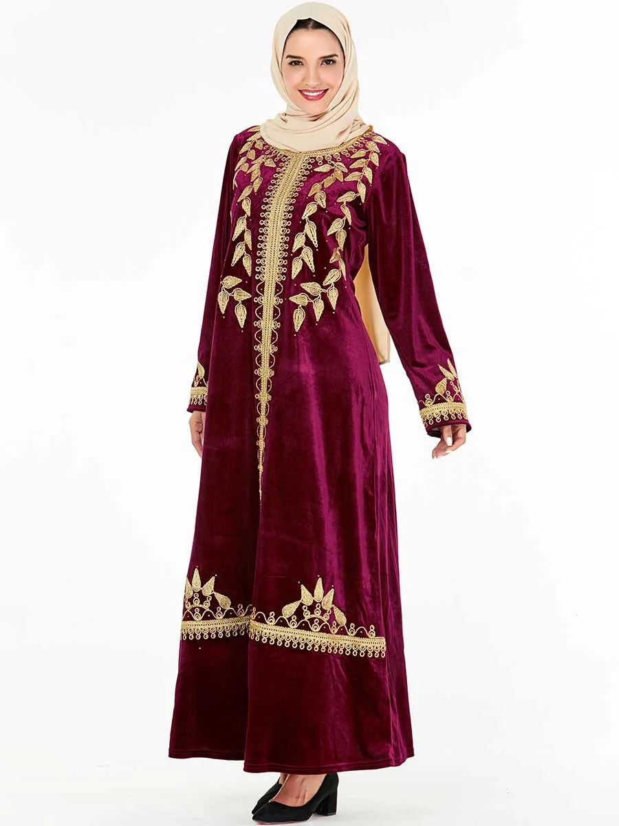 Женское бархатное платье макси BNSQ с длинным рукавом и золотой вышивкой в