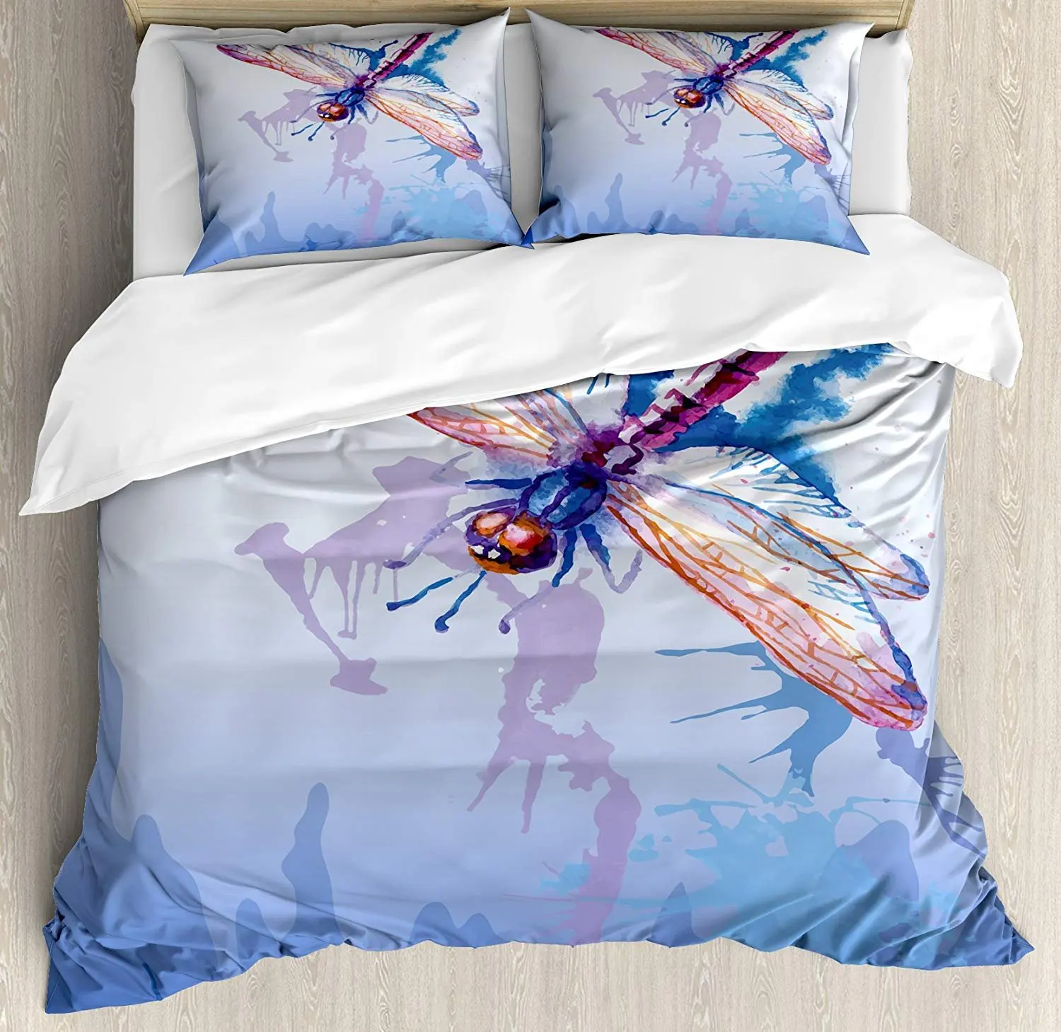 

Dragonfly Bedding Set Colorful Purple Moth Watercolored Design with Abstract Grunge Blue Ombre Print Duvet Cover Pillowcase