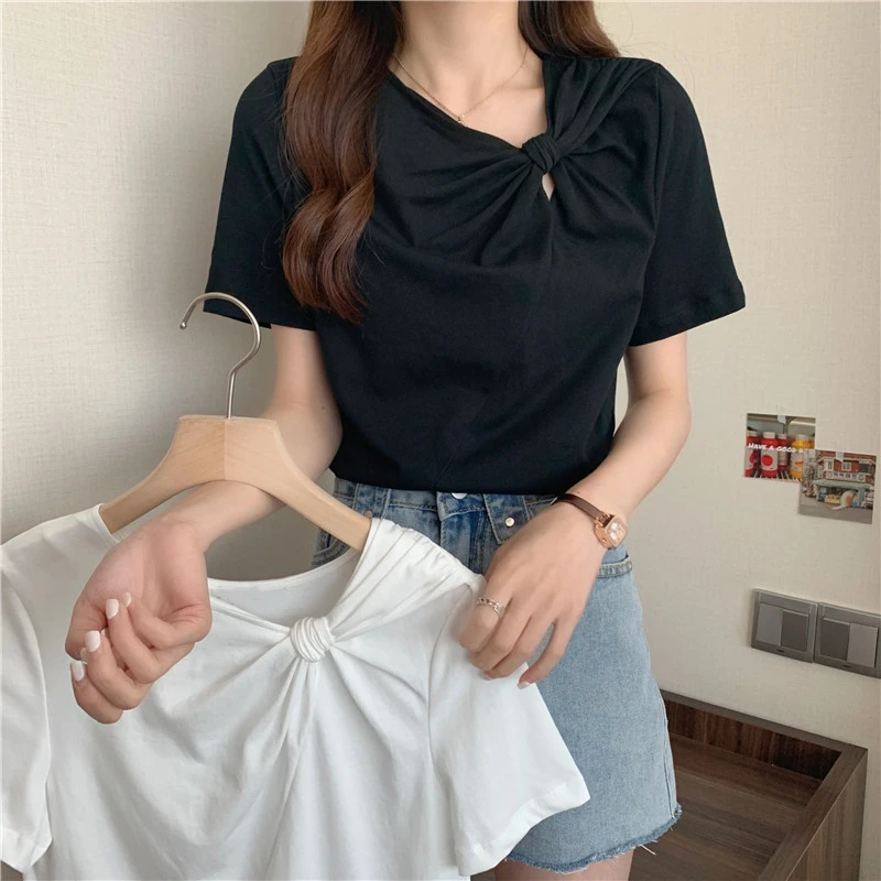 

Women Soft Solid Knitted T Shirts Ladies short Sleeve Casual Turtleneck Basic Black