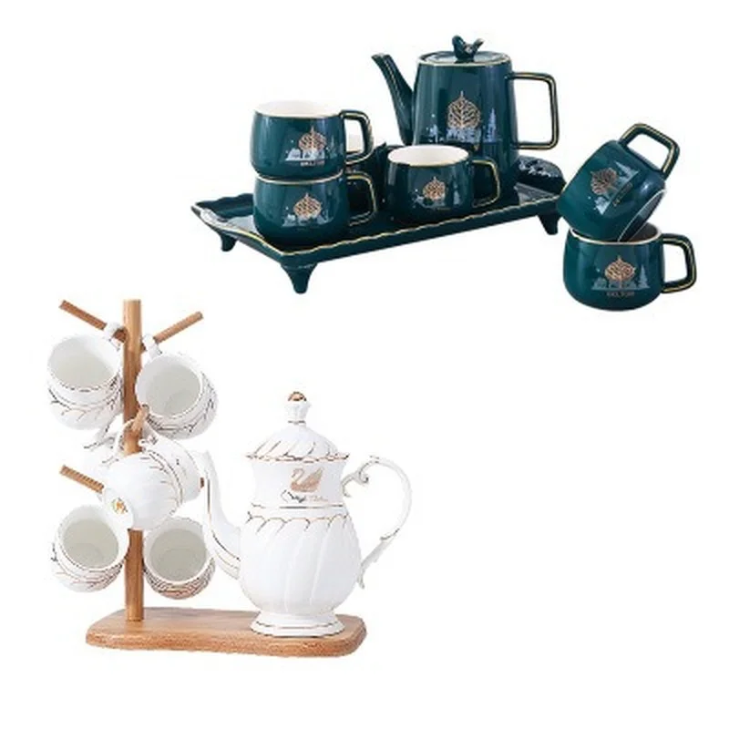 

Nordic Green White Ceramic Coffee Tea Set Drawing Gold Elk Coffee Pot Cup Tray Wooden Cup Holder Set Home Afternoon Tea Set