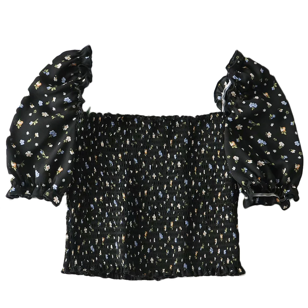 Женский пуловер с пышными рукавами винтажный черный топ цветочным принтом и