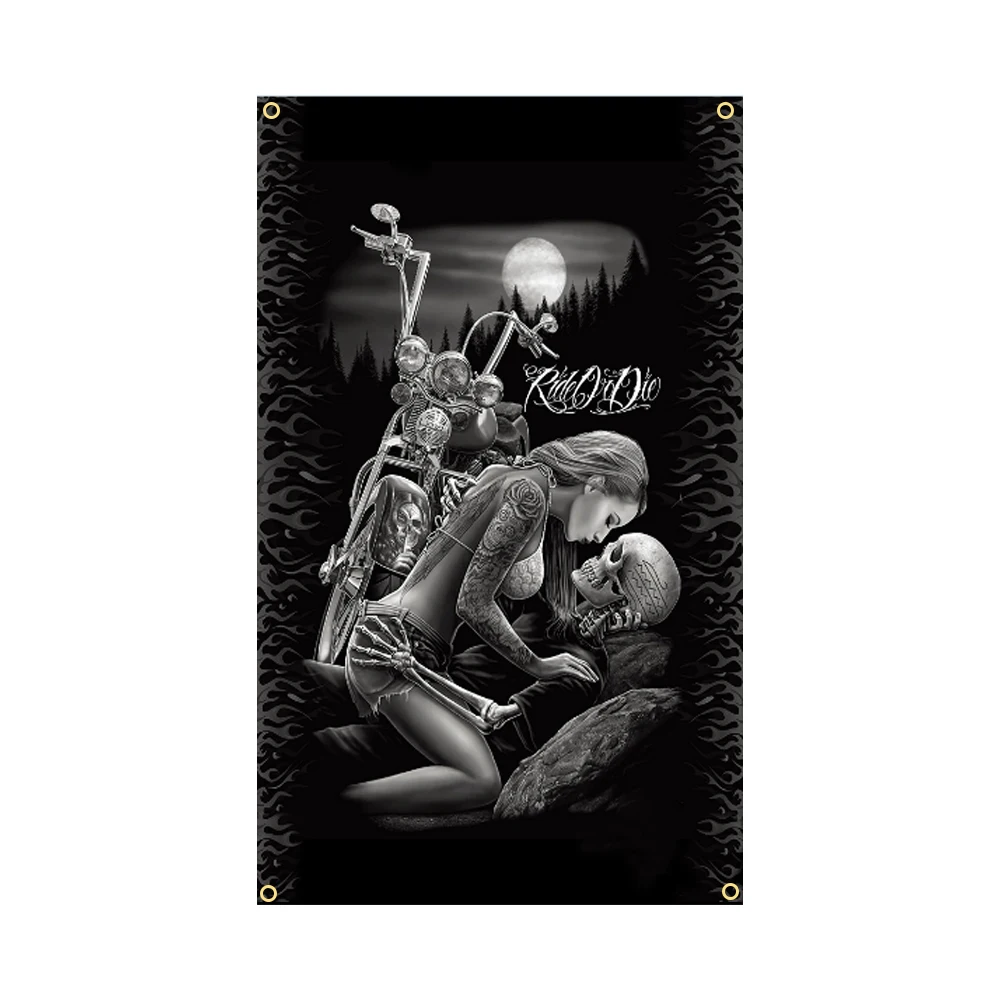 

3x5Fts Skull Tattoo Biker Flag Banner Sexy lady Beauty and Art Home Decoration Hanging flag 4 Gromments in Corners