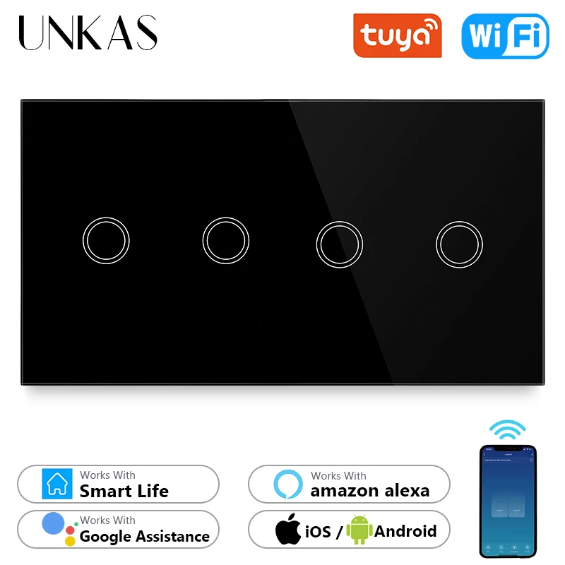 Умный сенсорный выключатель UNKAS 4 клавиши Wi-Fi европейский стандарт черное