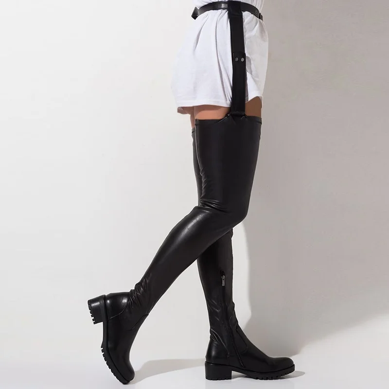 Waist Band Thigh High Long Stretch Boots Black Low Square Toe Anti-slip Winter Long Over Knee Women Sexy Boots Size 43 Shoes