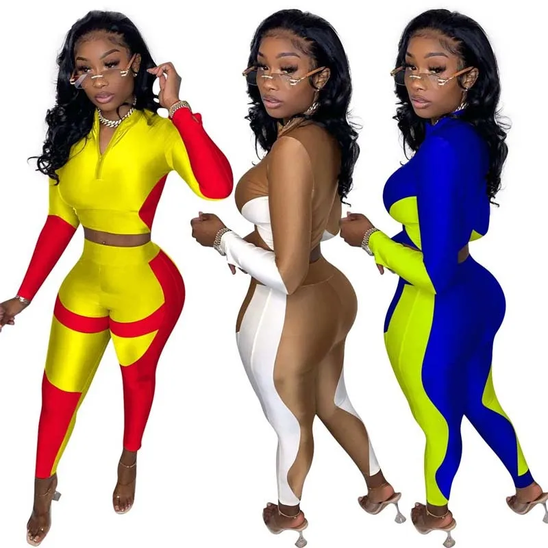 

Спортивный костюм Zoctuo женский из двух предметов, комплект из футболки и брюк с воротником-стойкой, на молнии, в стиле пэчворк, осенняя одежда